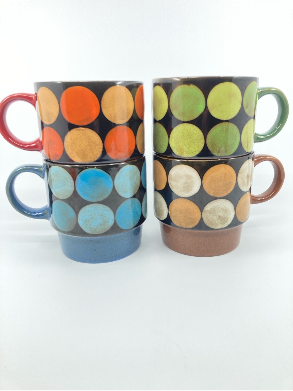 Pier 1 Imports Retro Hand Painted Stoneware Polka Dot Mugs Blue Green Red Brown